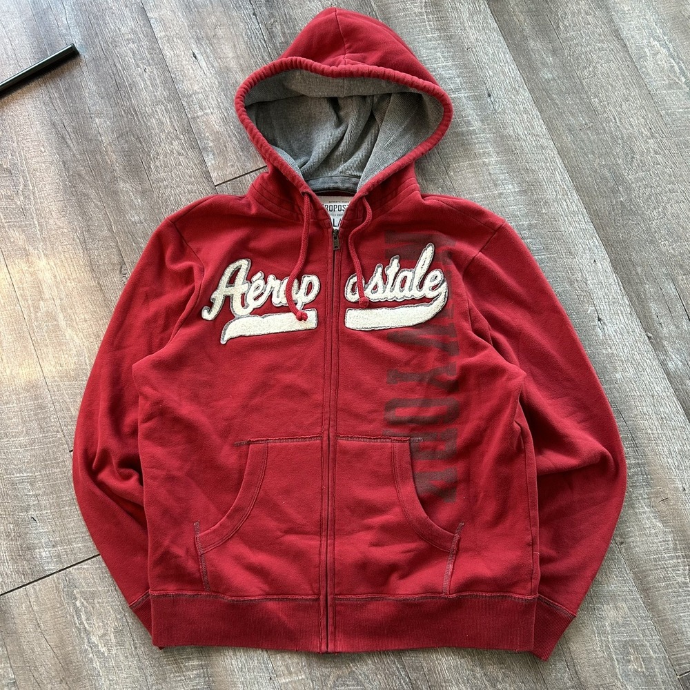Vintage Y2K Aeropostale Hoodie Men Large red Full Zip Jacket Waffle Hood 00s *